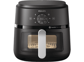 Friteuse à air noire avec une poignée argentée. Elle a un affichage numérique.