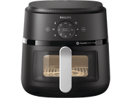 Friteuse à air noire avec une poignée argentée. Elle a un affichage numérique.