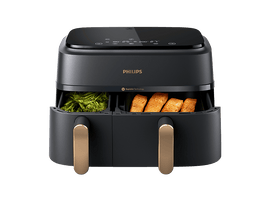 Une friteuse à air Philips noire avec deux compartiments, l