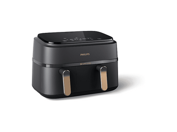 Friteuse à air Philips noire avec poignées dorées. Elle a un écran numérique et est sur fond blanc.