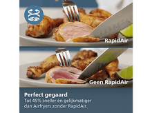 Charger l&#39;image dans la galerie, Un couteau coupe du poulet. En haut, texte RapidAir. En bas, le poulet semble moins cuit, avec le texte Geen RapidAir.
