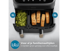 Charger l&#39;image dans la galerie, Friteuse à air Philips noire avec brocoli dans un panier et saumon dans l&#39;autre. Le texte indique une capacité de 3L et 6L.
