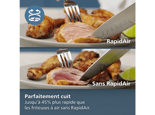 Charger l&#39;image dans la galerie, Deux assiettes avec du poulet cuit. L&#39;une coupée au couteau, étiquetée RapidAir. L&#39;autre, Sans RapidAir. Un logo en haut à gauche.
