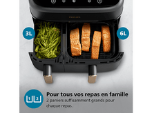 Charger l&#39;image dans la galerie, Une friteuse à air avec deux paniers, un avec du brocoli, l&#39;autre avec du saumon. Texte : &#39;Pour tous vos repas en famille&#39;.
