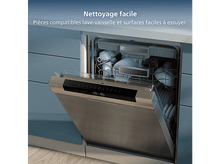 Charger l&#39;image dans la galerie, Lave-vaisselle ouvert avec de la vaisselle à l&#39;intérieur. Porte en acier inoxydable, armoire bleue. Texte : nettoyage facile, pièces compatibles lave-vaisselle et surfaces faciles à essuyer.
