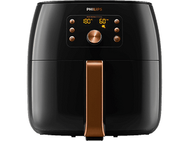 Friteuse à air Philips noire, vue de face. Comprend un affichage numérique et un bouton de commande bronze.