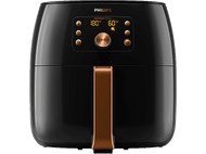 Friteuse à air Philips noire, vue de face. Comprend un affichage numérique et un bouton de commande bronze.