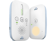 Charger l&#39;image dans la galerie, Ensemble de babyphone Philips Avent, deux appareils blancs et bleus avec boutons et lumières.
