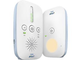 Ensemble de babyphone Philips Avent, deux appareils blancs et bleus avec boutons et lumières.