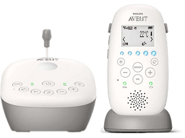 Babyphone : Station de base et moniteur blancs et gris avec écran et boutons.