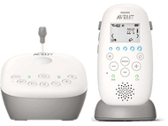 Babyphone : Station de base et moniteur blancs et gris avec écran et boutons.