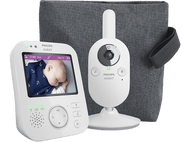 Babyphone avec écran et caméra. L'écran montre un bébé qui dort.