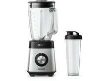 Charger l&#39;image dans la galerie, Mixeur Philips argenté et noir avec un récipient transparent séparé. La base a des boutons et un cadran.

