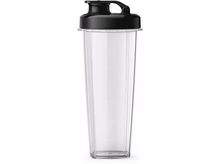 Charger l&#39;image dans la galerie, Bouteille shaker en plastique transparent. Étiquettes blanches avec mesures. Couvercle noir avec poignée.

