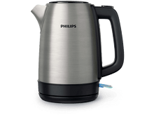 Charger l&#39;image dans la galerie, Une bouilloire électrique argentée avec une base et une poignée noires. Elle est sur une surface blanche.
