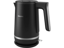 Bouilloire électrique Philips noire sur socle noir avec poignée.