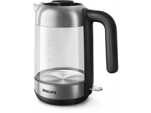 Charger l&#39;image dans la galerie, Une bouilloire électrique Philips en acier inoxydable avec une poignée noire et un indicateur de niveau d&#39;eau transparent.

