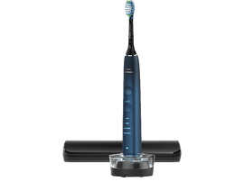 Une brosse à dents électrique bleue Philips Sonicare avec socle de chargement.