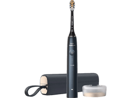 Brosse à dents Philips Sonicare noire avec étui et chargeur. La tête de brosse est visible.