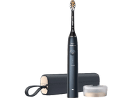 Brosse à dents Philips Sonicare noire avec étui et chargeur. La tête de brosse est visible.