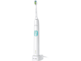 Brosse à dents électrique blanche avec bouton bleu et socle de chargement, sur fond blanc.