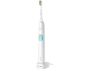 Brosse à dents électrique blanche avec bouton bleu et socle de chargement, sur fond blanc.