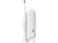 Brosse à dents électrique blanche, socle de chargement et étui de voyage. La tête de brosse est visible.