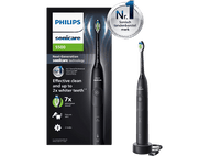 Brosse à dents électrique Philips Sonicare noire. L'image montre la brosse et son chargeur. L'emballage est visible.