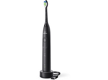 Charger l&#39;image dans la galerie, Une brosse à dents électrique noire avec une base de chargement et un câble USB.
