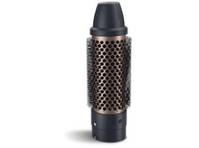 Charger l&#39;image dans la galerie, Une brosse à coiffer noire et or rose. La brosse est cylindrique, avec des soies noires.
