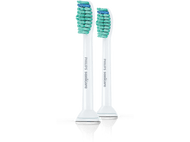 Deux têtes de brosse à dents Philips Sonicare blanches. Les poils sont verts et bleus. Têtes sur fond noir.