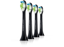 Quatre têtes de brosse à dents Philips Sonicare noires. Les poils sont blancs et verts.