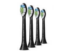 Charger l&#39;image dans la galerie, Quatre têtes de brosse à dents Philips Sonicare noires avec des soies bleues et vertes, fond blanc.
