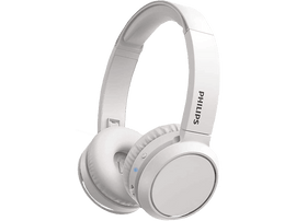 Casque Philips blanc, design circum-aural, avec bouton et indicateur lumineux bleu.