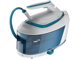 Fer à repasser à vapeur Philips blanc et bleu. Réservoir d