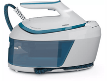 Charger l&#39;image dans la galerie, Fer à repasser vapeur Philips blanc et bleu, avec un grand réservoir d&#39;eau, une poignée et un cordon, sur fond blanc.
