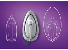 Charger l&#39;image dans la galerie, Un fer à repasser avec son contour et un croquis. Il est sur un fond violet. Le fer est blanc et bleu.
