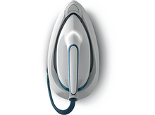 Charger l&#39;image dans la galerie, Fer à repasser blanc et bleu, vue de dessus, avec un cordon bleu et gris.
