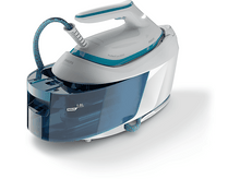 Charger l&#39;image dans la galerie, Fer à repasser Philips blanc et bleu avec réservoir d&#39;eau, sur fond blanc, vue en angle.
