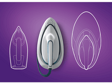 Charger l&#39;image dans la galerie, Un fer à repasser avec trois schémas montrant ses contours, sur fond violet.
