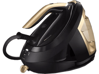 Fer à repasser Philips PerfectCare 8000 noir et doré. Dispose d'un réservoir d'eau et de commandes.