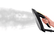 Charger l&#39;image dans la galerie, Un fer à repasser noir et doré avec de la vapeur, tenu par une main sur fond blanc.
