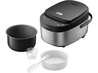 Cuiseur à riz Philips avec accessoires : pot intérieur, tasse à mesurer, cuillère et vapeur.