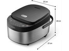 Charger l&#39;image dans la galerie, Cuiseur à riz Philips noir et argent, dimensions étiquetées.
