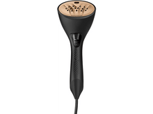 Charger l&#39;image dans la galerie, Vapeur de vêtements noir et or. Poignée noire avec une tête de vapeur dorée et un cordon noir. Fond blanc.
