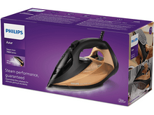 Charger l&#39;image dans la galerie, Une boîte de fer à repasser Philips Azur avec un fer à vapeur et des détails du produit.
