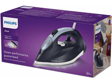 Charger l&#39;image dans la galerie, Un fer à repasser vapeur Philips Azur, sur une boîte avec le fer, détails de la boîte et fond violet.
