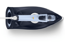 Charger l&#39;image dans la galerie, Vue de dessus d&#39;un fer à repasser Philips bleu et blanc. Les réglages vapeur et température sont visibles.
