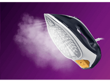 Charger l&#39;image dans la galerie, Un fer à repasser noir et blanc avec de la vapeur sur fond violet.
