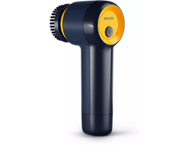 Charger l'image dans la galerie, Une brosse de nettoyage de chaussures électrique Philips bleu foncé et orange, vue de face.
